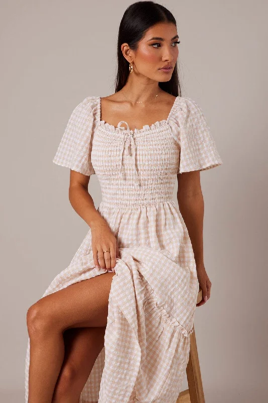 Beige Check Maxi Dress Short Sleeve Shirred