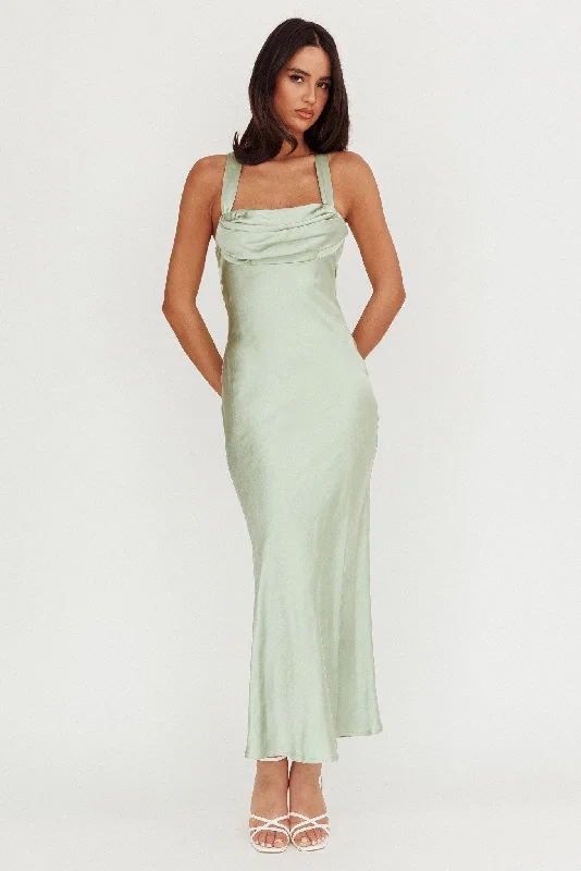 Favorite Part Crossover Back Satin Maxi Dress Sage