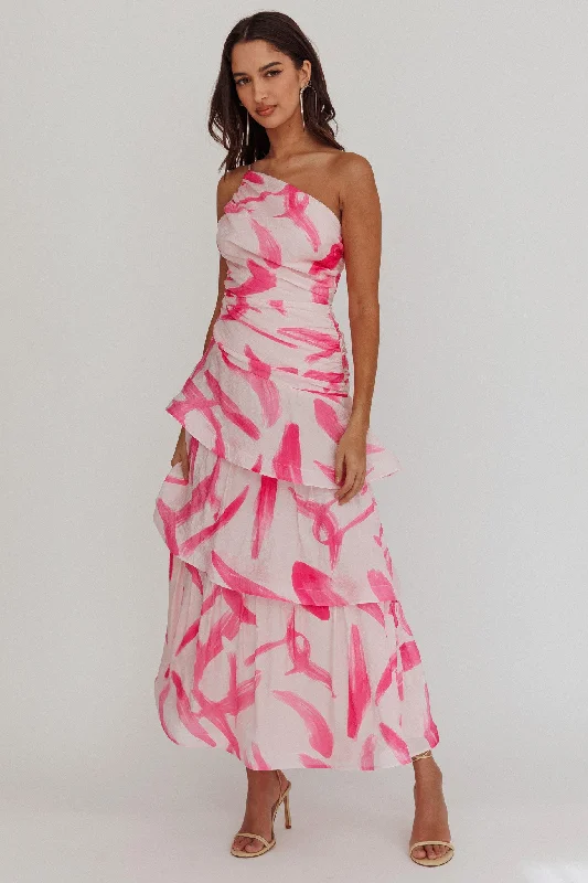 Kenny One Shoulder Tiered Maxi Dress Print Pink