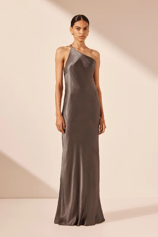 LA LUNE ONE SHOULDER COWL BACK MAXI DRESS - GRAPHITE