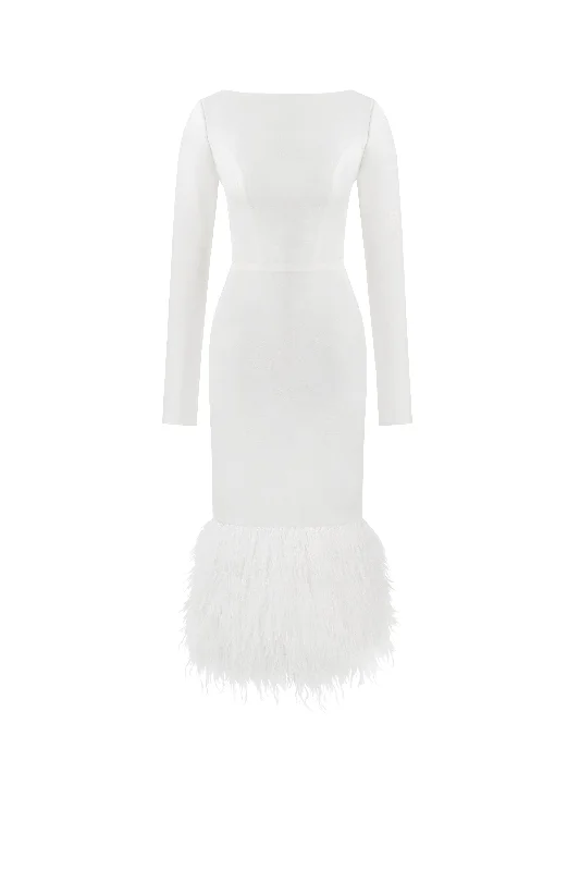 Fashion-forward women’s clothing on a budget   Glamorous feather-trimmed midi dress