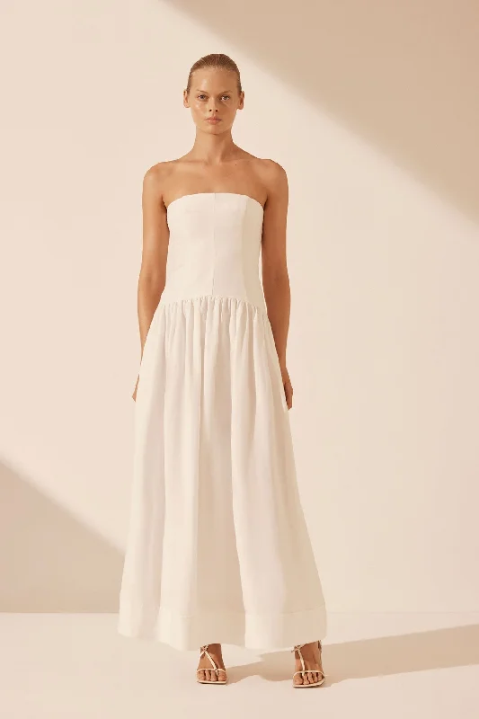 BLANC LINEN STRAPLESS PANELLED MAXI DRESS