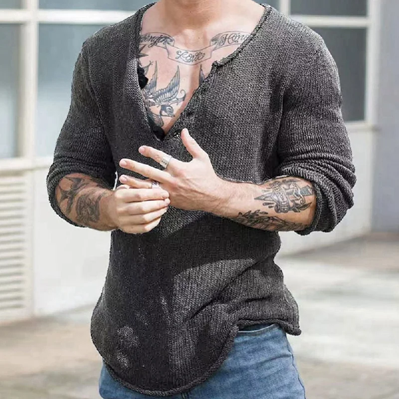 Street Style V Neck Long Sleeve Roll Trim Men Knit Pullover Sweater