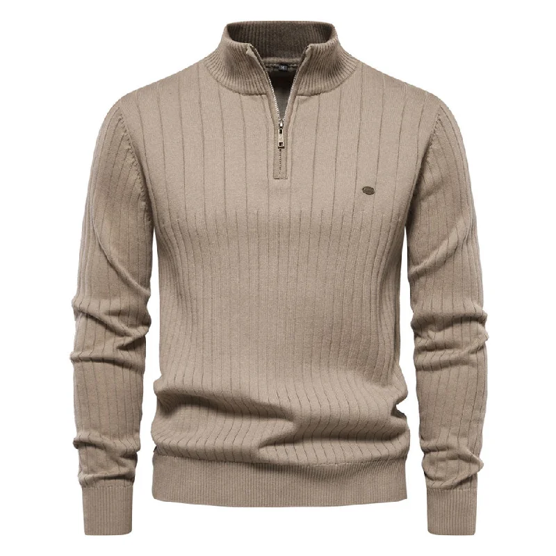 Trendy Half Zip High Neck Long Sleeve Ribbed Knit Winter Men Pullover Sweater