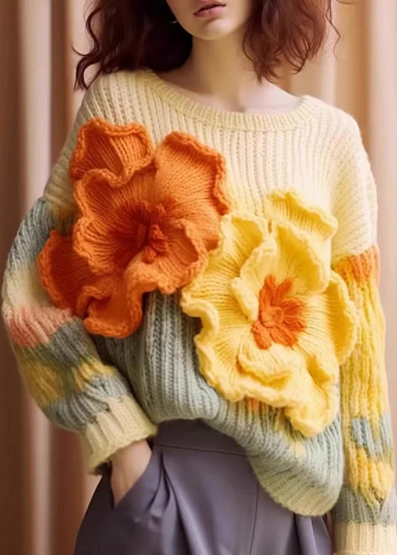 Unique Apricot Floral Cozy Cotton Knit Sweaters Long Sleeve