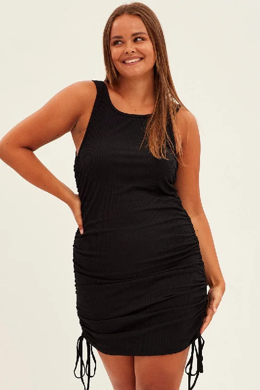 Black Rib Dress Drawstring Sleeveless