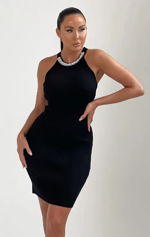 Black Ribbed Diamante High Neck Bodycon Dress - Laura