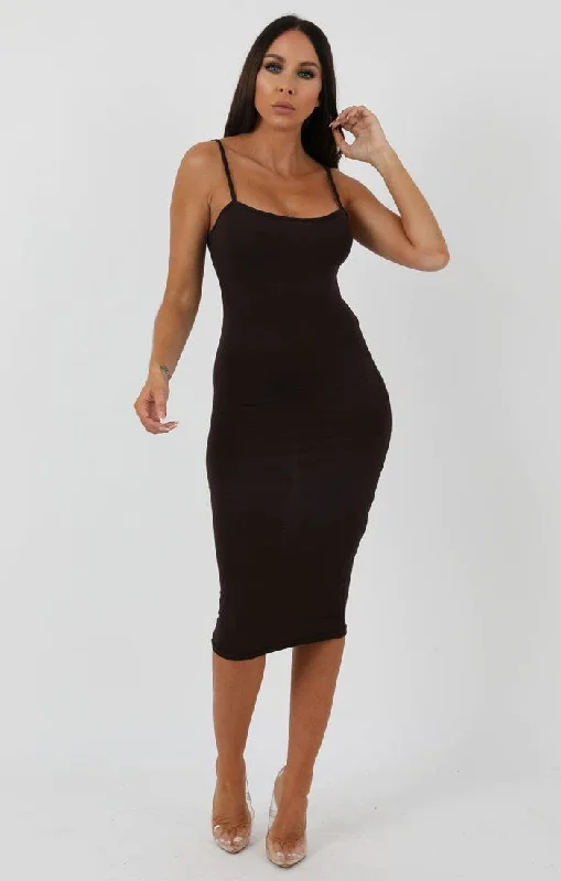 Brown Strappy Bodycon Midi Dress - Poppy