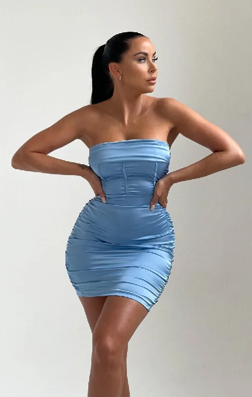 Sky Blue Satin Strapless Corset Bodycon Mini Dress - Annie