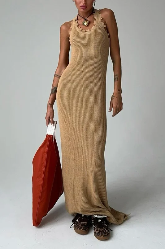 Solid Knit Frayed Tank Maxi Dress